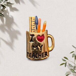 I Love My Teacher Mug Pin Gold Tone Red Heart Pencils Ruler Brooch Gift
